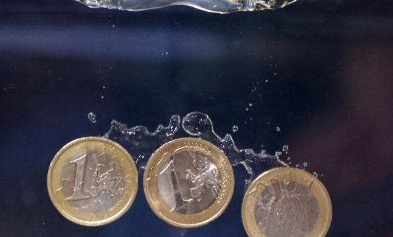 Illustration shows Euro coins plunging into water