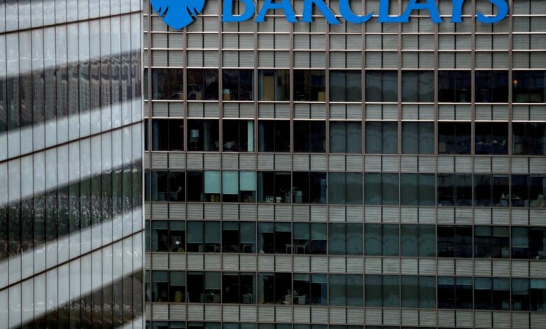 A Barclays bank building is seen at Canary Wharf in London