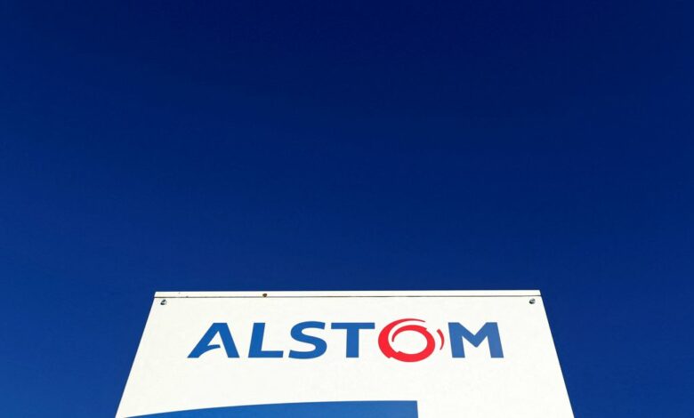 The logo of Alstom is seen at the company