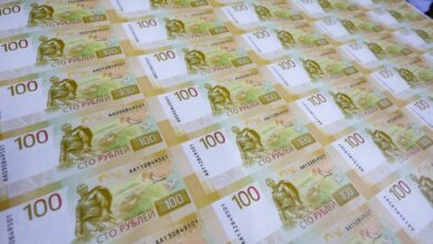 Sheets of the newly designed Russian 100-rouble banknotes are seen at Goznak printing factory in Moscow