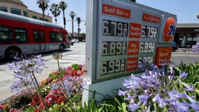 Gas prices over the $6.00 mark are advertised at a 76 Station in Santa Monica, California