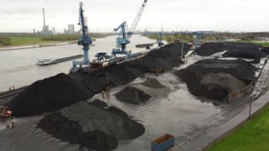 Aerial view of a dry bulk terminal with coal along the river Rhine