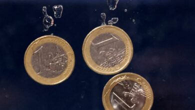 Illustration shows Euro coins plunging into water