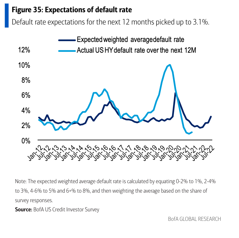 Die BofA befragte US-Kreditinvestoren und stellte fest, dass in den nächsten 12 Monaten mit steigenden Ausfallraten gerechnet wird. (Quelle: Bank of America US Credit Investor Survey)