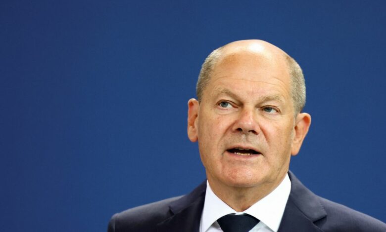 German Chancellor Scholz gives a press statement about the gas levy at the Chancellery, in Berlin