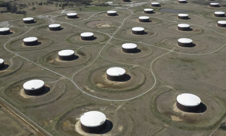 Crude oil storage tanks are seen from above at the Cushing oil hub in Cushing, Oklahoma, U.S.