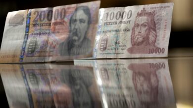 Hungarian forint notes are seen in this photo illustration taken in Budapest
