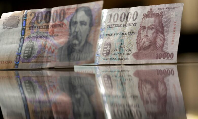 Hungarian forint notes are seen in this photo illustration taken in Budapest