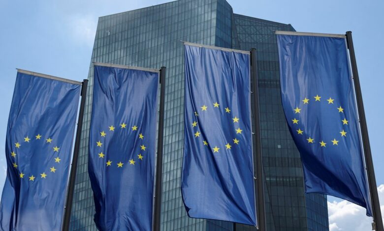 European flags are seen in front of the ECB building, in Frankfurt