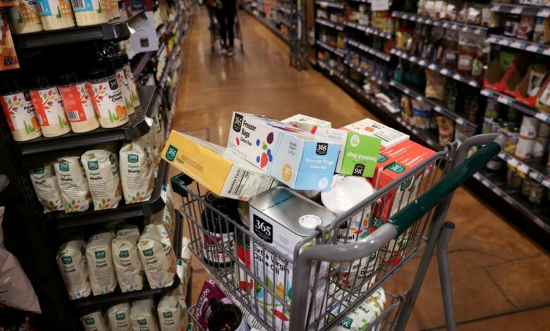 A shopping cart is seen in a supermarket as inflation affected consumer prices in Manhattan, New York City