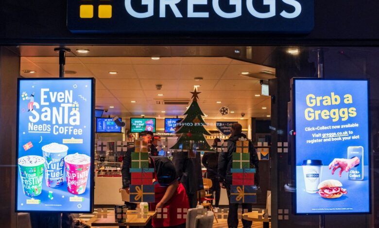 A Christmas themed window display at a branch of Greggs in London