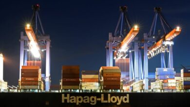 A Hapag Lloyd container ship is loaded at the shipping terminal Altenwerder in the harbour of Hamburg