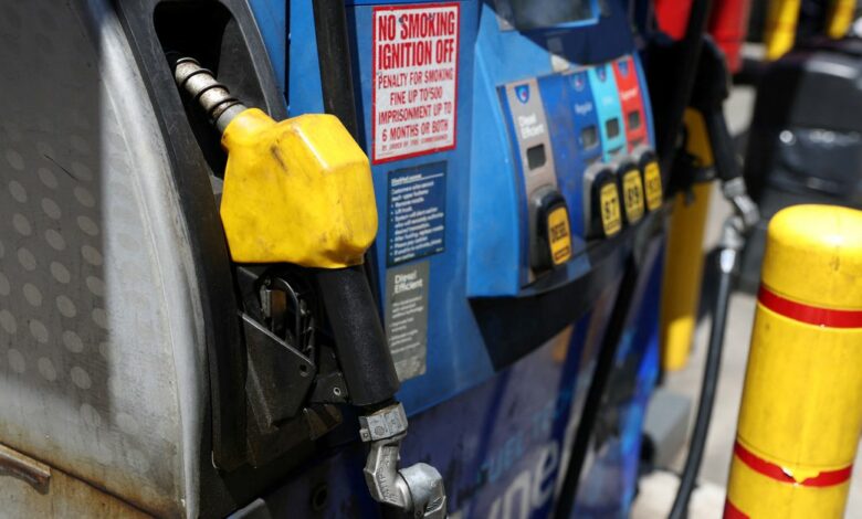 A pump is seen at a gas station in Manhattan, New York City