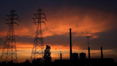 Electric poles are pictured in front of the PGNiG Termika Zeran thermal power station after sunset in Warsaw