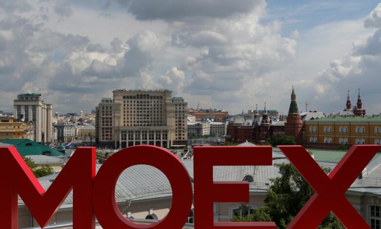 The letters MOEX are pictured at the Moscow Exchange in Moscow
