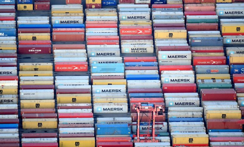 Containers are seen at a terminal in the port of Hamburg