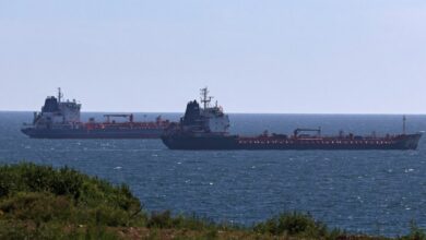 Oil tankers sail along Nakhodka Bay near the port city of Nakhodka