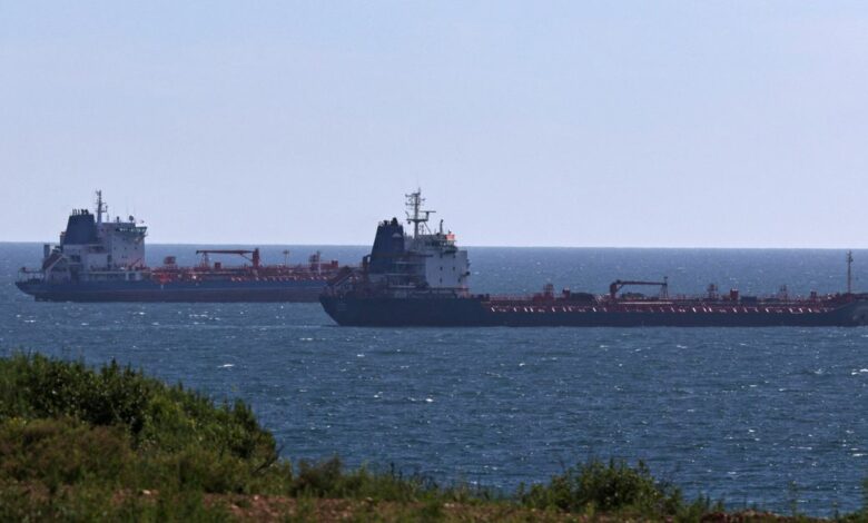 Oil tankers sail along Nakhodka Bay near the port city of Nakhodka