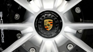The Porsche logo seen on wheel as 2020 Porsche 911 Speedster is revealed at the 2019 New York International Auto Show in New York