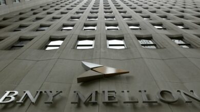 A BNY Mellon sign is seen on their headquarters in New York