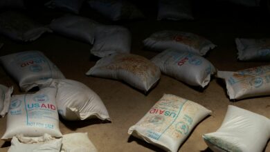 A pile of grain bags with relief that was sent from Ukraine is seen at the WFP warehouse in Adama town