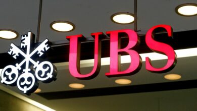 The logo of Swiss bank UBS is seen at a branch office in Zurich