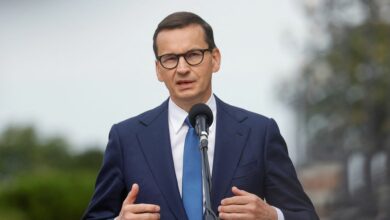 Polish Prime Minister Morawiecki speaks during a joint news briefing with Ukraine