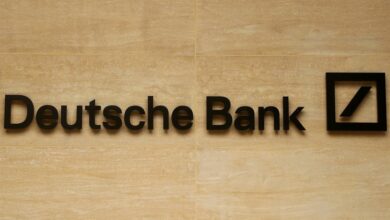 The logo of Deutsche Bank is pictured on a company