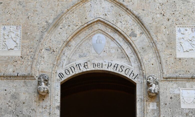 View of the entrance to the headquarters of Monte dei Paschi di Siena (MPS), in Siena