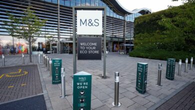 A Marks and Spencer (M&S) logo is seen on the outside of a store in Cheshire