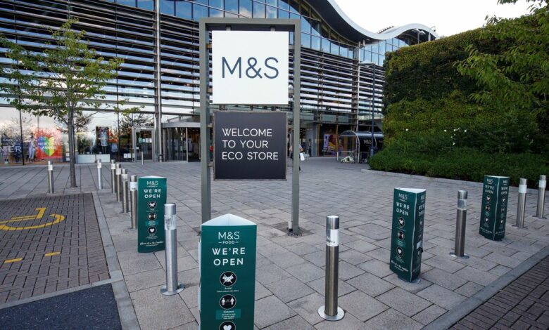 A Marks and Spencer (M&S) logo is seen on the outside of a store in Cheshire