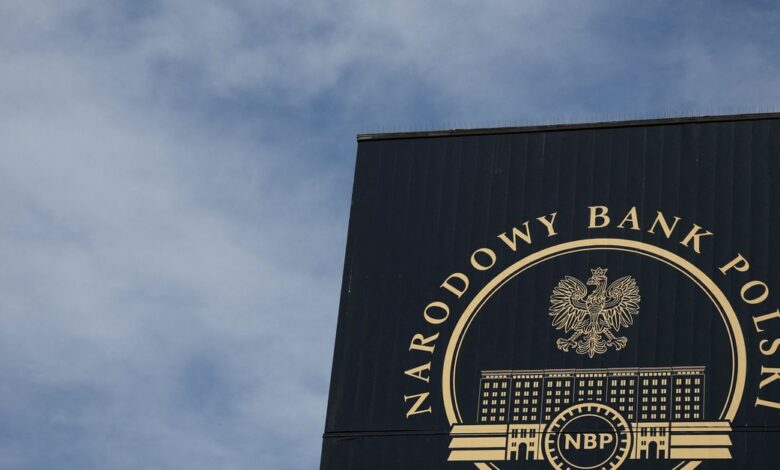 A logo of the Polish Central Bank (NBP) is seen on their building in Warsaw