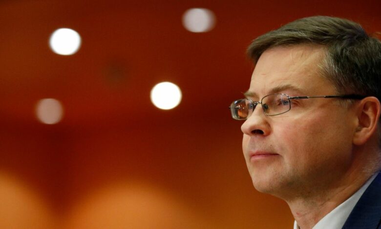 European Commissioner-designate for An Economy that Works for People Valdis Dombrovskis of Latvia attends his hearing before the European Parliament in Brussels