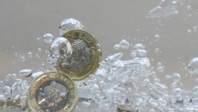 UK pound coins plunge into water in this illustration picture