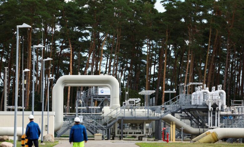 View towards Nord Stream 1 Baltic Sea pipeline and the transfer station of the Baltic Sea Pipeline Link in the industrial area of Lubmin