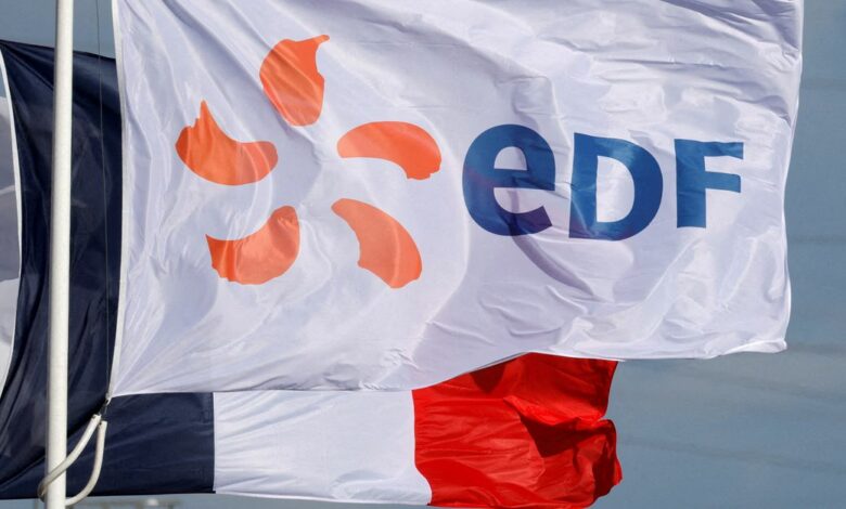 A flag with the EDF logo flies next to the EDF power plant in Bouchain