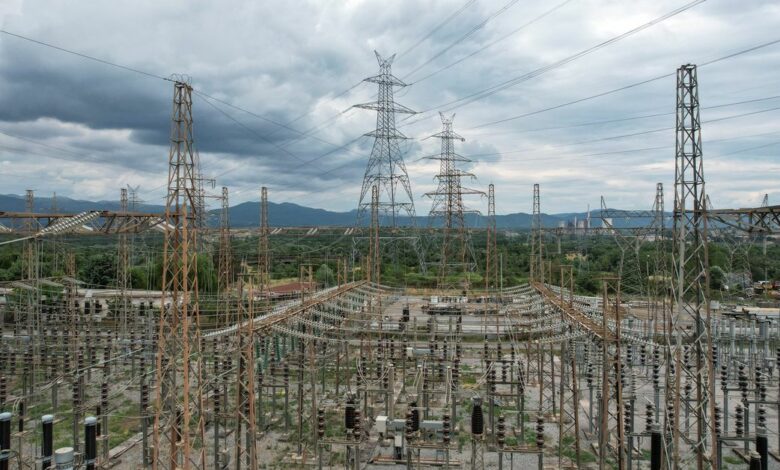 High-voltage power station is seen near the open-pit mine field of Megalopolis