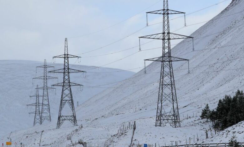 Pylons carry the Beauly to Denny Power line near the Drumochter Pass, Scotland