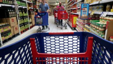 People push a shopping cart in a Carrefour supermarket in Cabrera de Mar