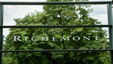 The logo of luxury goods company Richemont seen at its headquarters in Bellevue near Geneva