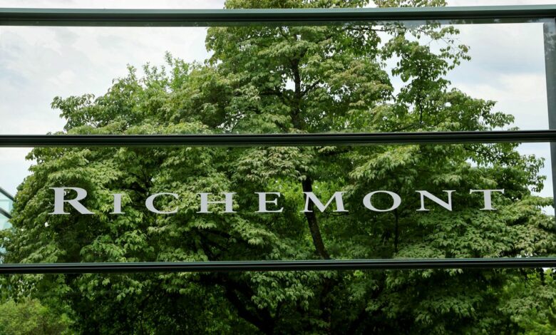 The logo of luxury goods company Richemont seen at its headquarters in Bellevue near Geneva