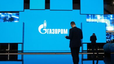 The logo of Gazprom is displayed on a screen during the Saint Petersburg international gas forum in Saint Petersburg