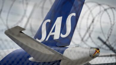 SAS aircraft is parked on the ground during a pilot strike at Copenhagen Airport