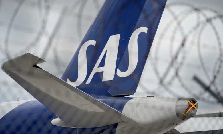 SAS aircraft is parked on the ground during a pilot strike at Copenhagen Airport