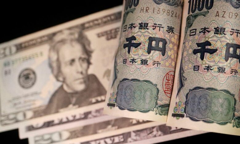 Illustration picture of Japanese yen and U.S. dollar banknotes
