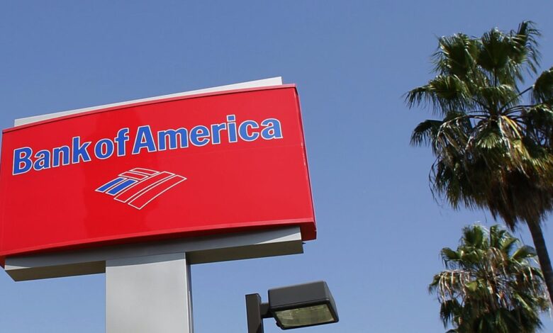 A sign for a  Bank of America office is pictured in Burbank, California
