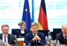 German Chancellor Olaf Scholz, Finance Minister Christian Lindner and Economy Minister Robert Habeck attend a meeting in Berlin