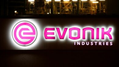 The logo of German specialty chemical company Evonik Industries AG is pictured at their plant in Bitterfeld