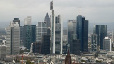 The skyline of the banking district is pictured in Frankfurt