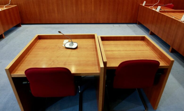 A court room of a regional court is seen during a break of a trial against British banker